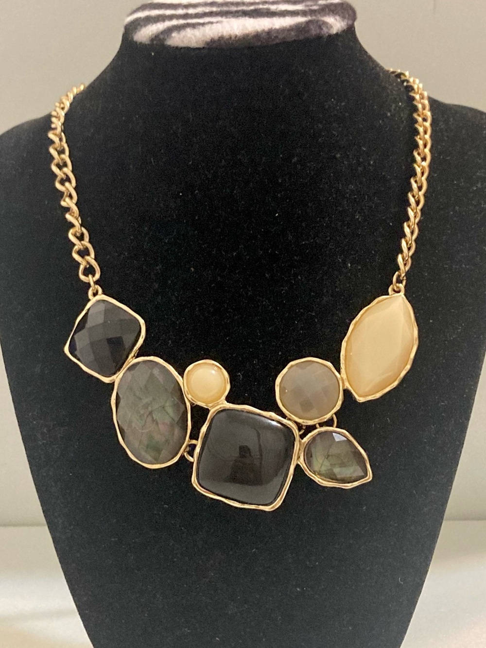 Gold-Tone Statement preloved Necklace with Black and Cream faux stones jewelry